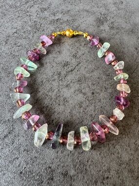 Pastel Fluorite Chip Bracelet with Purple Czech Glass Accents and Magnetic Clasp